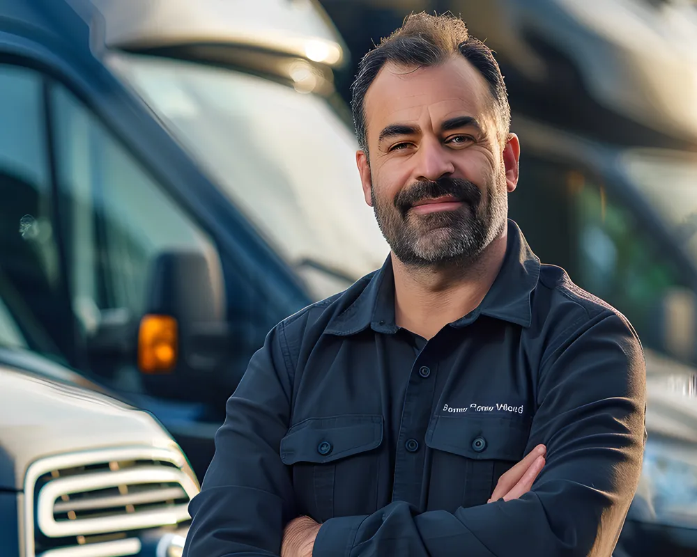 Confident mechanic standing by trucks, arms crossed.