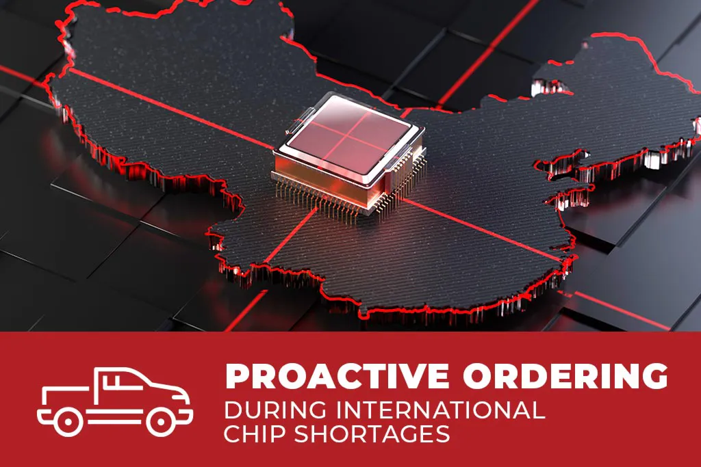 Computer chip on map highlighting international shortages